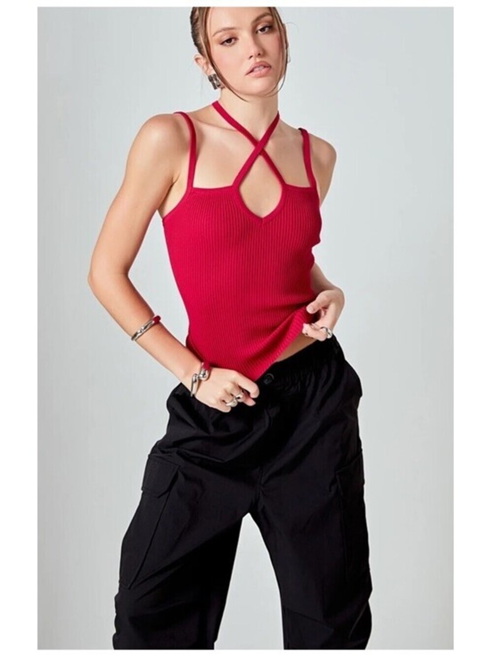 Endless Rose Multi Strap Detail Fitted Knit Cami Top In Pink Red Color. XS. $70